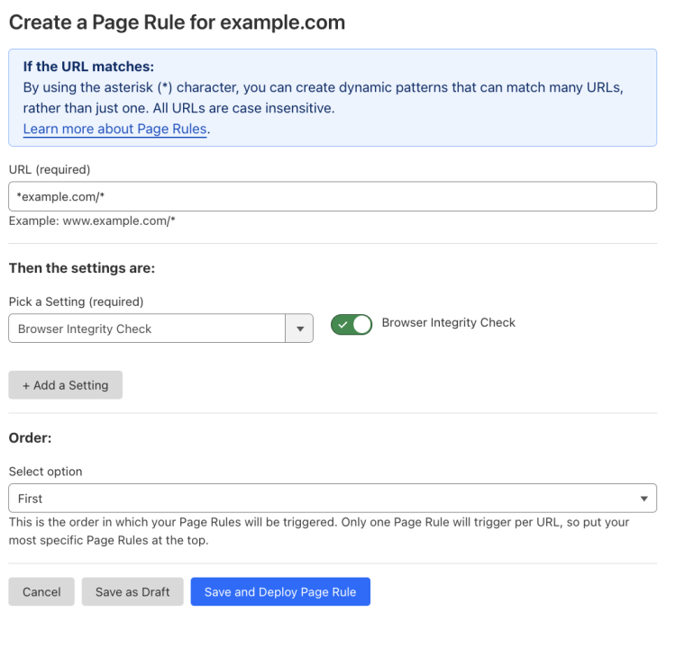 Example Page Rule with ‘Browser Integrity Check’ setting