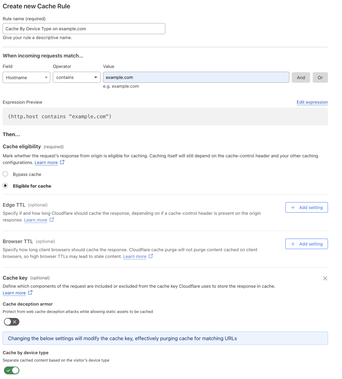 Cache rule matching the ‘Cache By Device Type’ setting of the example Page Rule