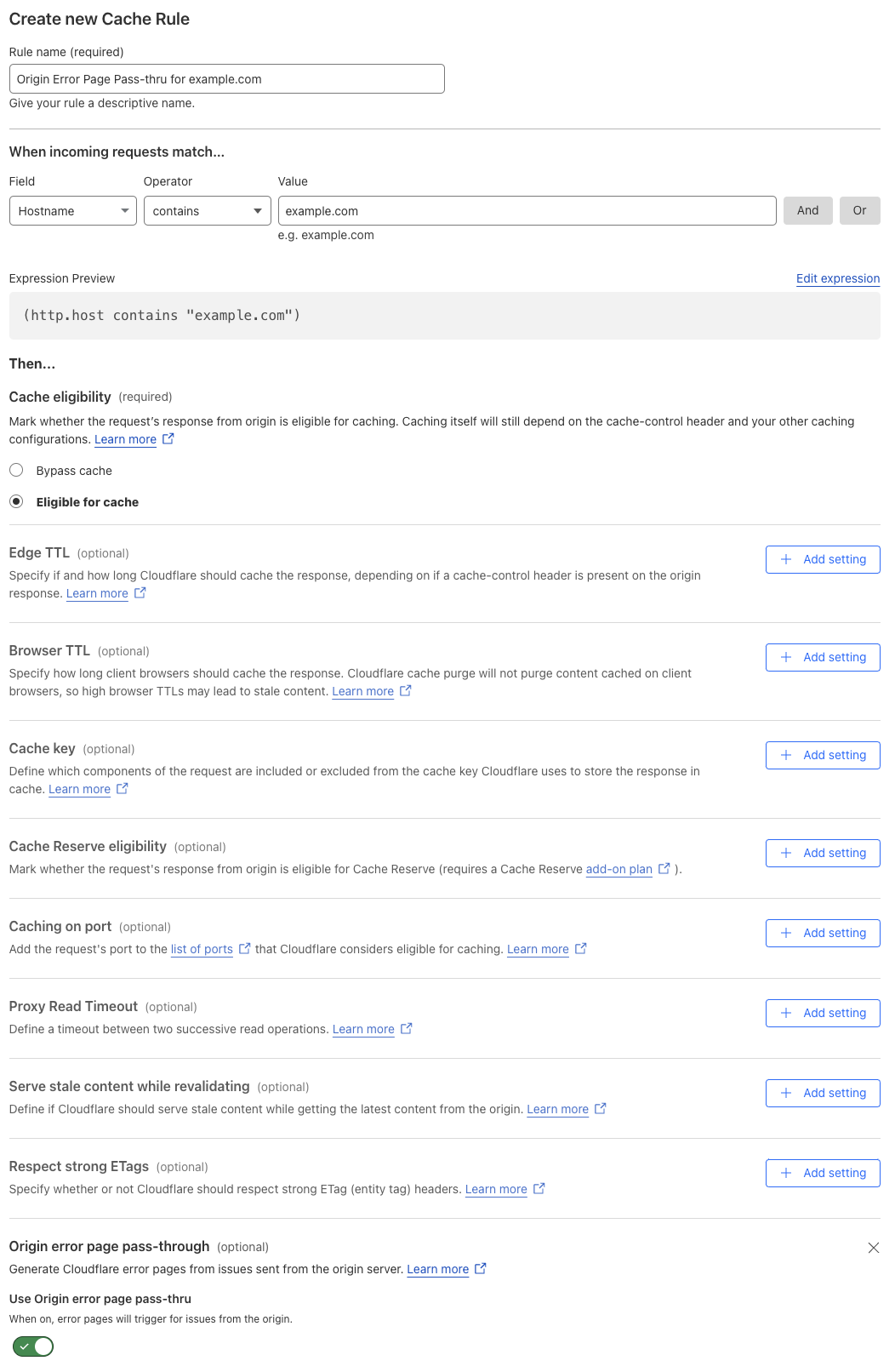 Cache rule matching the ‘Origin Error Page Pass-thru > On’ setting of the example Page Rule