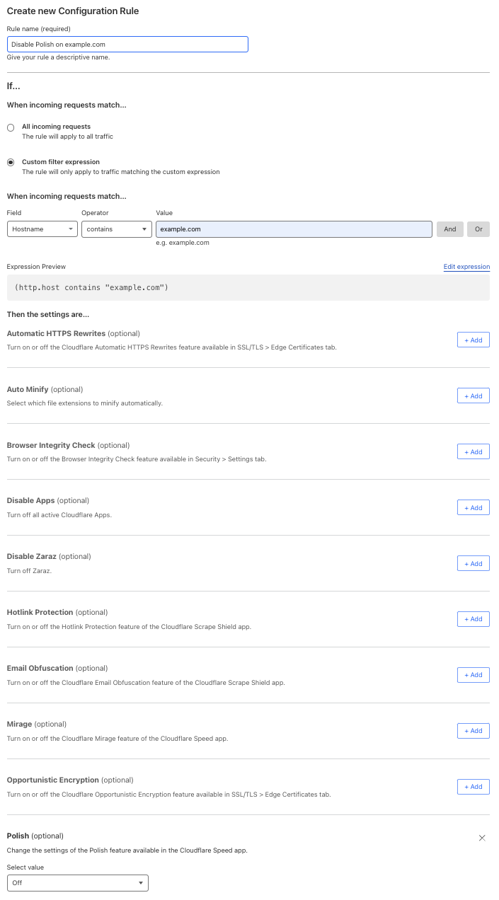 Configuration rule matching the ‘Polish > Off’ setting of the example Page Rule